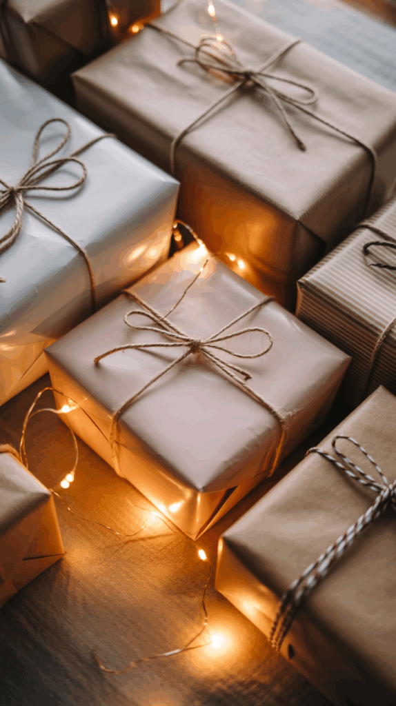 A collection of wrapped gifts with brown paper and twine bows, surrounded by warm glowing fairy lights.