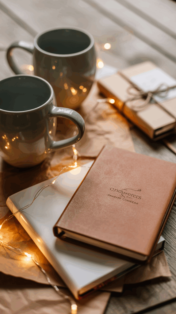 Two ceramic mugs, a leather-bound notebook, another closed book, and a wrapped package, all surrounded by warm string lights on a wooden surface.