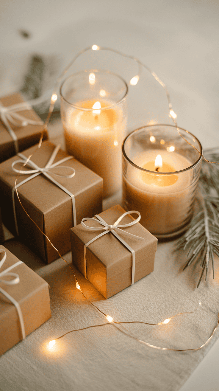 Brown gift boxes tied with ribbon, surrounded by lit candles and string lights, with pine needles on a beige cloth background.