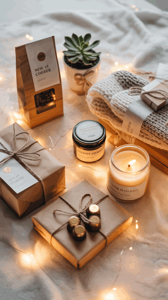 A cozy arrangement of gift items including a potted succulent, a knit scarf, candles, and packaged coffee, all tied with decorative twine on a soft blanket, illuminated by warm string lights.