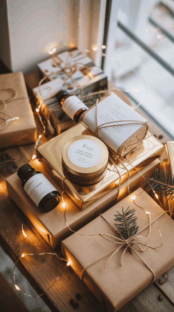 A cozy arrangement of gift boxes wrapped in brown and gold paper, tied with twine, and adorned with evergreen sprigs, placed on a wooden surface. Fairy lights illuminate the scene, alongside bottles and jars set as part of the display.