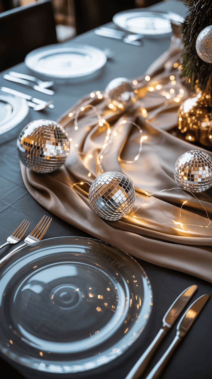 A festive table setting with clear glass plates, silverware, and disco ball ornaments arranged on a dark tablecloth, accented by draped fabric and warm string lights.