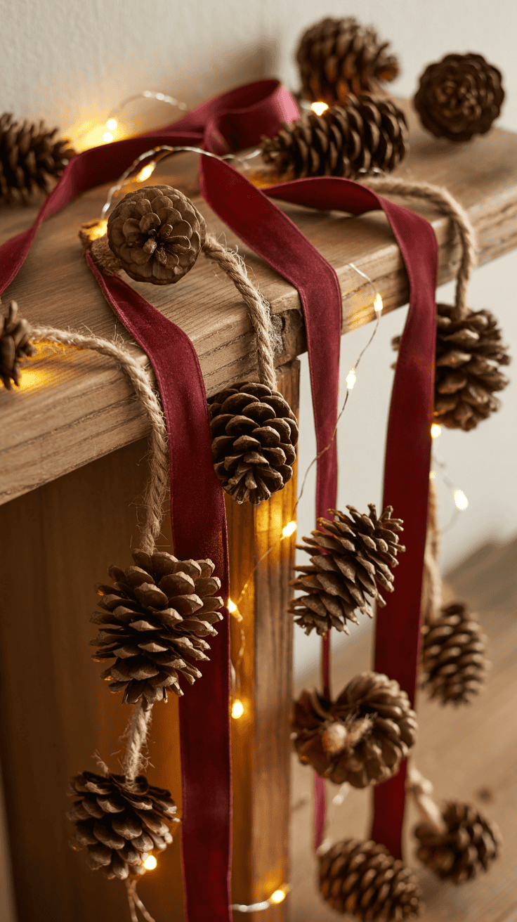 A rustic wooden shelf decorated with hanging pinecones, a red velvet ribbon, and small white string lights, creating a festive and cozy atmosphere.