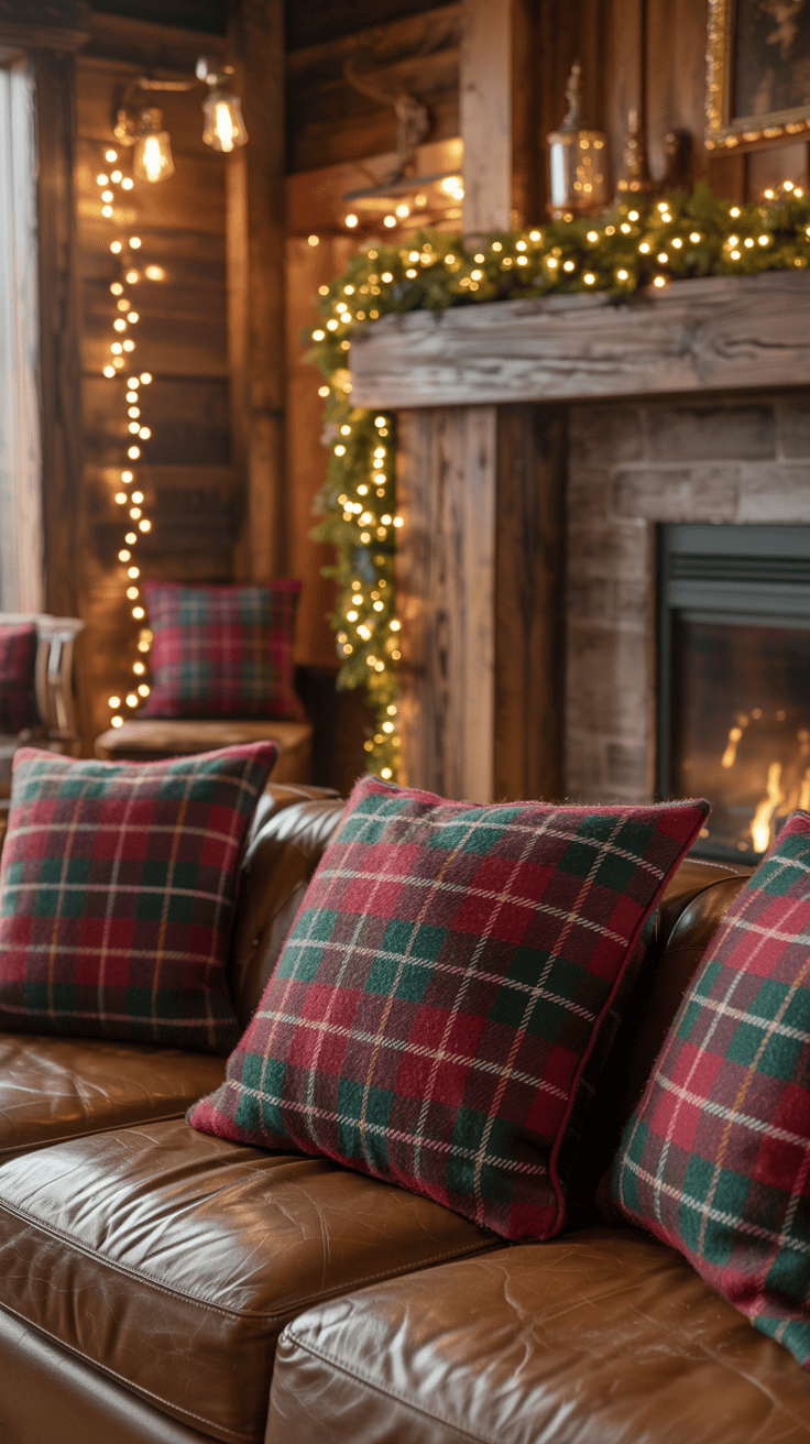 A cozy living room decorated for the holidays with plaid cushions on a leather sofa and a fireplace surrounded by garland and string lights.