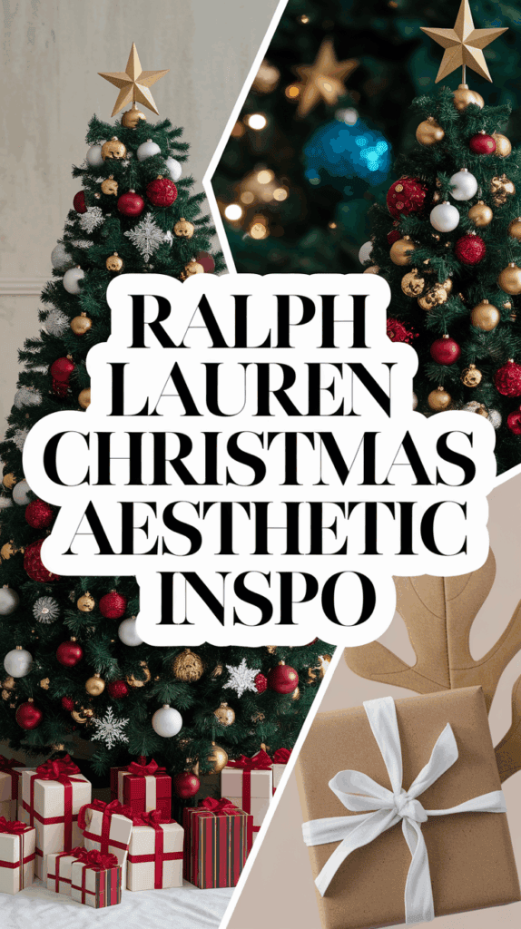A collage featuring Christmas trees decorated with red, gold, and white ornaments, topped with star tree toppers, and surrounded by wrapped gifts, with the text 'RALPH LAUREN CHRISTMAS AESTHETIC INSPO' in bold.