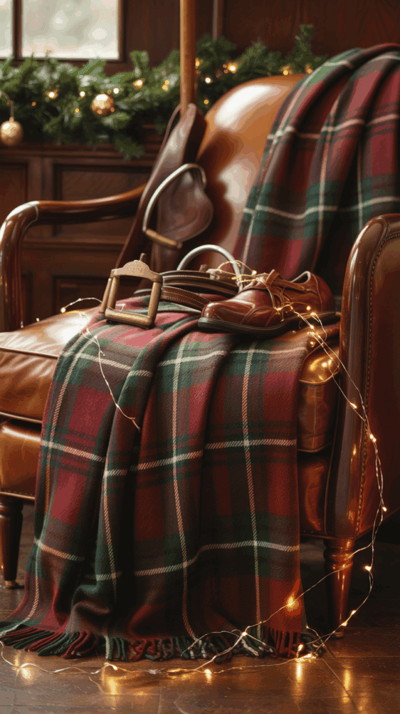 A cozy scene featuring a brown leather armchair draped with a red and green plaid blanket, adorned with fairy lights. A pair of leather shoes and brass stirrups sit on the chair, with festive garland in the background.