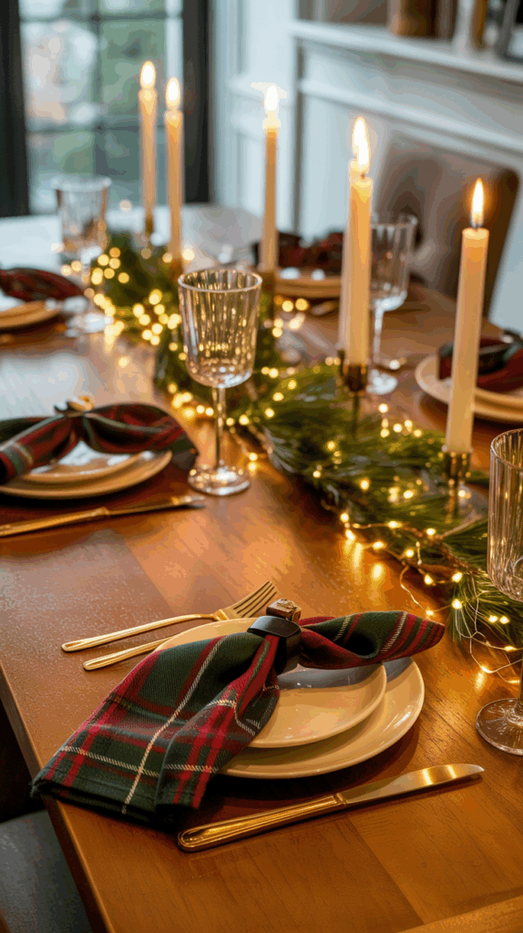 A wooden dining table set for a festive meal, featuring white plates, gold cutlery, and plaid napkins. The table is decorated with a garland of fairy lights and tall white candles are lit, creating a warm ambiance.