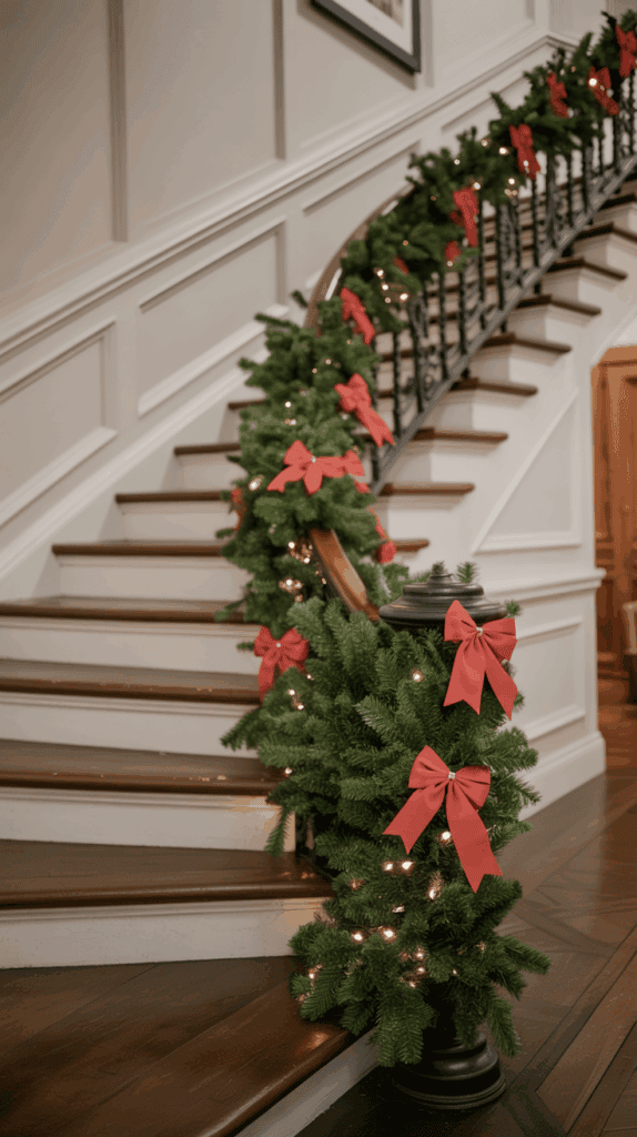 A curved staircase decorated with green garlands adorned with red bows and twinkling white lights, creating a festive holiday atmosphere.