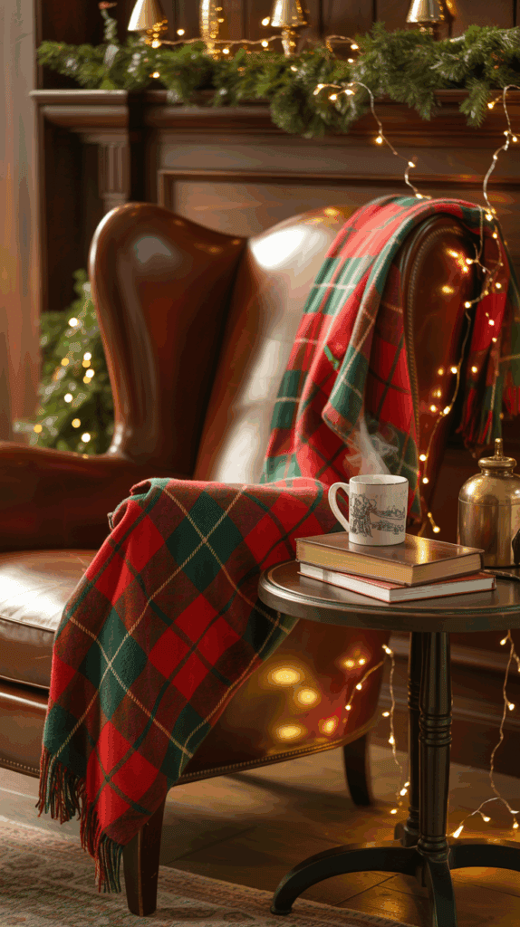 A cozy living room scene featuring a brown leather armchair draped with a red and green plaid blanket, next to a small round wooden table with books and a steaming mug. The background shows a decorated mantel with greenery and string lights, enhancing the festive atmosphere.