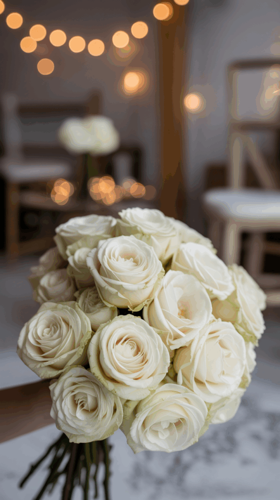 A bouquet of white roses held in the foreground, with a blurred, warmly-lit background featuring bokeh lights.