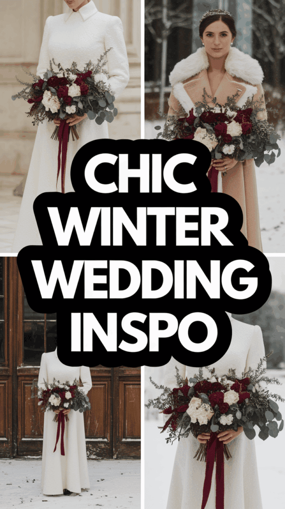 Collage image showing a bride in winter attire holding a bouquet of deep red and white flowers with greenery, complemented by a headline reading 'Chic Winter Wedding Inspo' in bold letters.