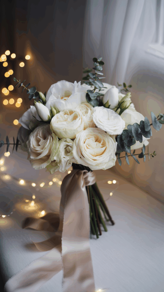 A bouquet of white roses and greenery tied with a beige ribbon, placed next to string lights on a white surface with sheer curtains in the background.