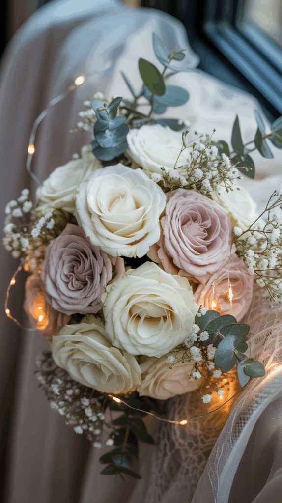 A bouquet of cream and pastel pink roses accented with eucalyptus leaves and baby's breath, wrapped in soft string lights.
