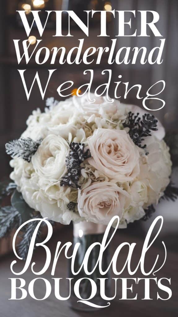 A bridal bouquet featuring white and pale pink flowers with greenery, with overlay text reading 'Winter Wonderland Wedding Bridal Bouquets.'