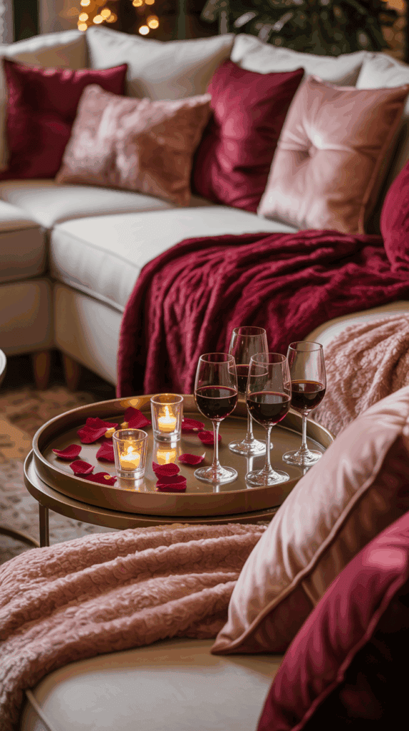 A cozy living room setup featuring a sectional sofa with red and pink cushions and a plush throw blanket. On a round tray placed on an ottoman, there are four glasses of red wine, lit candles, and red rose petals, creating a romantic atmosphere.