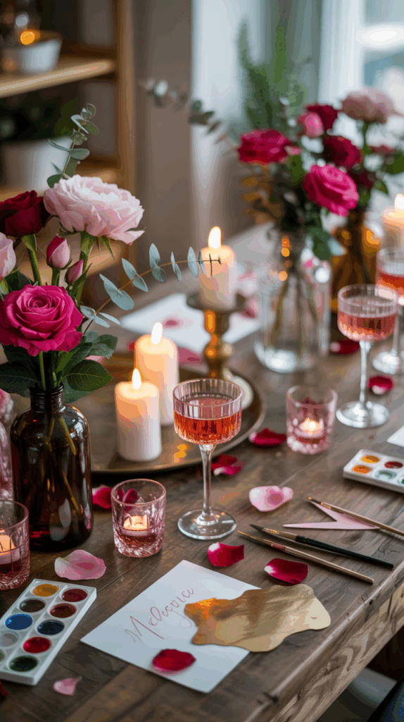 A beautifully decorated table set with pink and red roses in vases, lit candles, glasses of pink drinks, and scattered rose petals. A painting set with brushes and watercolors is visible, along with a piece of paper with a calligraphy note on it, creating an artistic and romantic ambiance.