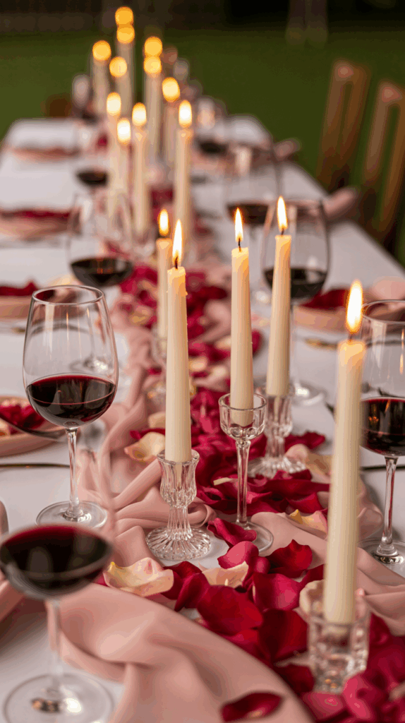 A long dining table set elegantly with lit white candles in crystal holders, red wine glasses, and scattered red rose petals on a pink cloth runner.