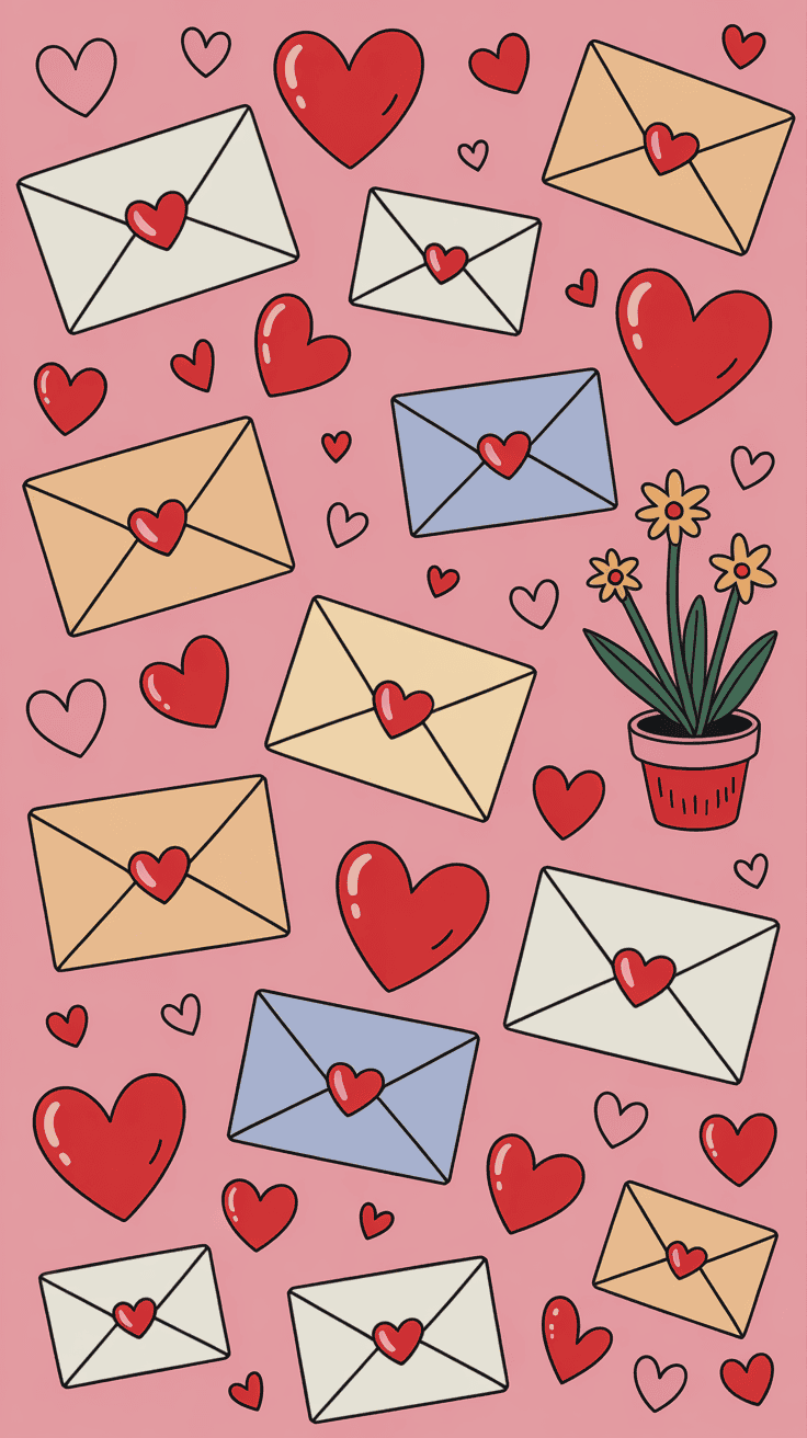 A pattern of colorful envelopes with heart seals, red hearts, and a plant in a pot on a pink background.