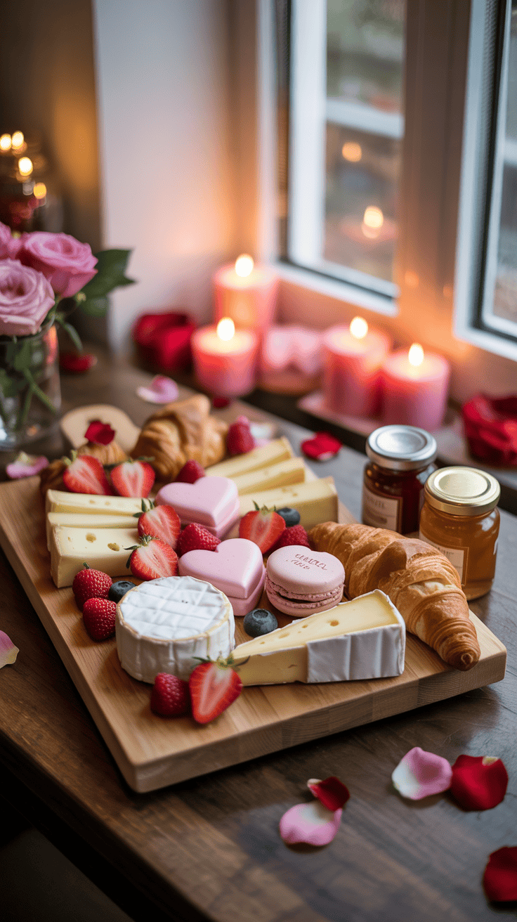 A wooden board adorned with a selection of cheeses, croissants, strawberries, raspberries, blueberries, heart-shaped desserts, and macarons, surrounded by pink candles and scattered rose petals, set next to a window.