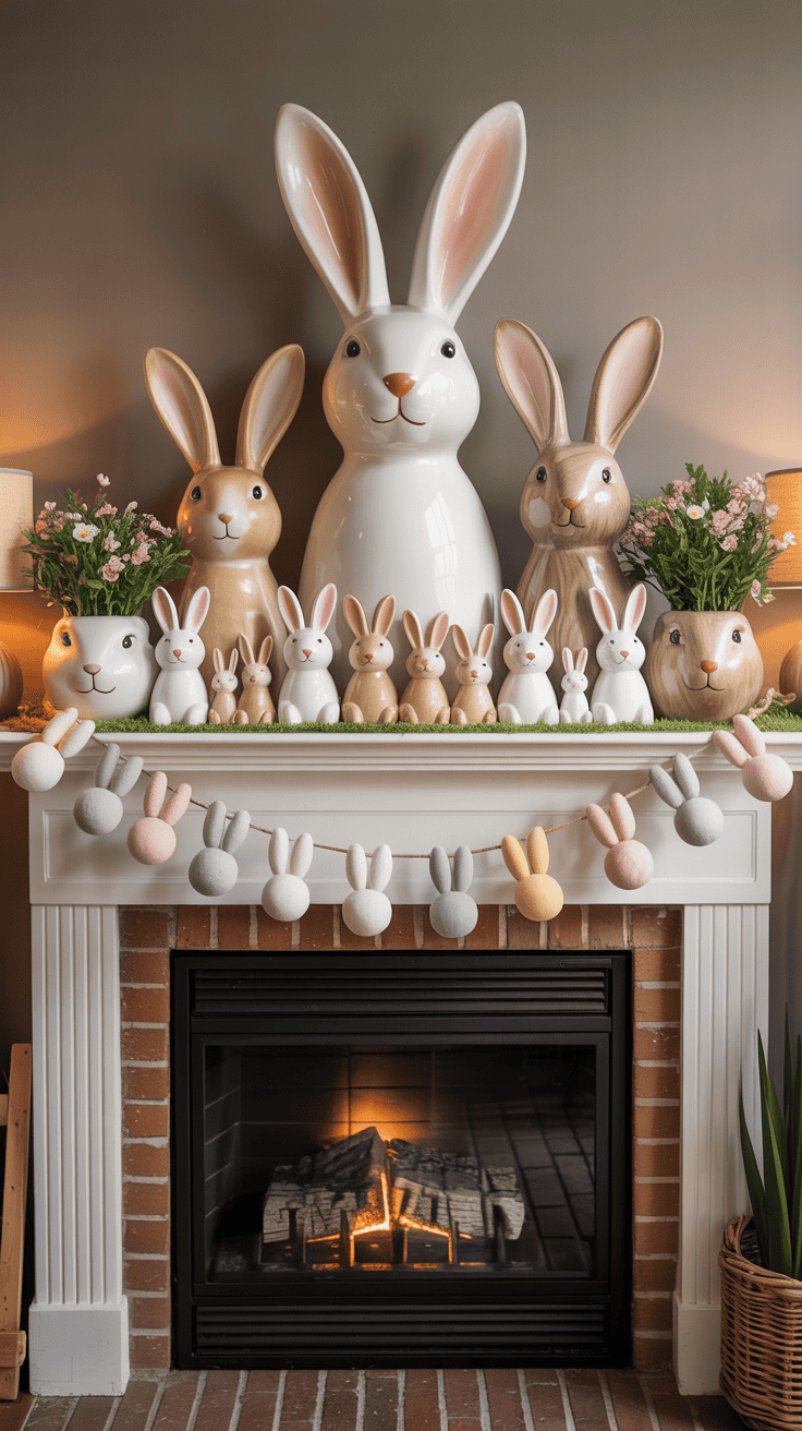 Easter Fireplace Mantel Decor with Bunnies