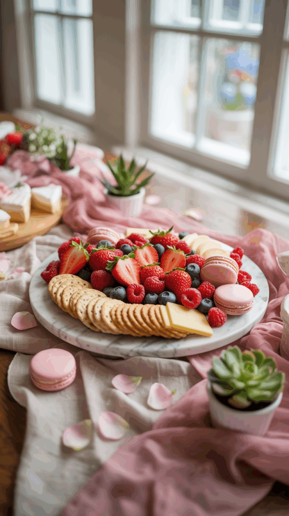 A charcuterie board with strawberries, raspberries, blueberries, macarons, cheese slices, and crackers on a marble tray, surrounded by a pink cloth and flower petals on a wooden table near a window with succulents in the background.