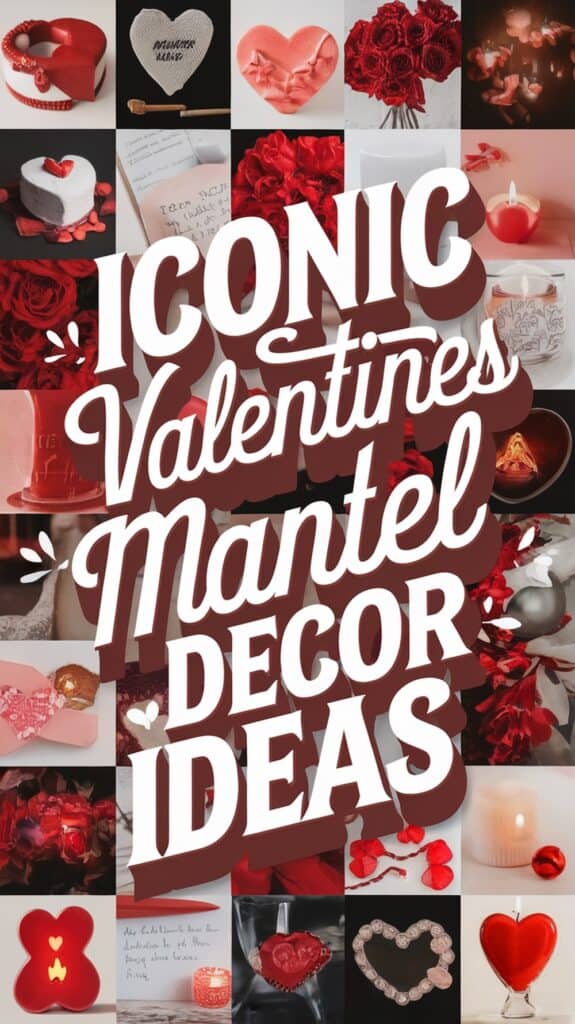 Collage of Valentine's-themed decorations including heart-shaped items, red roses, candles, and a large text overlay reading 'Iconic Valentines Mantel Decor Ideas.'