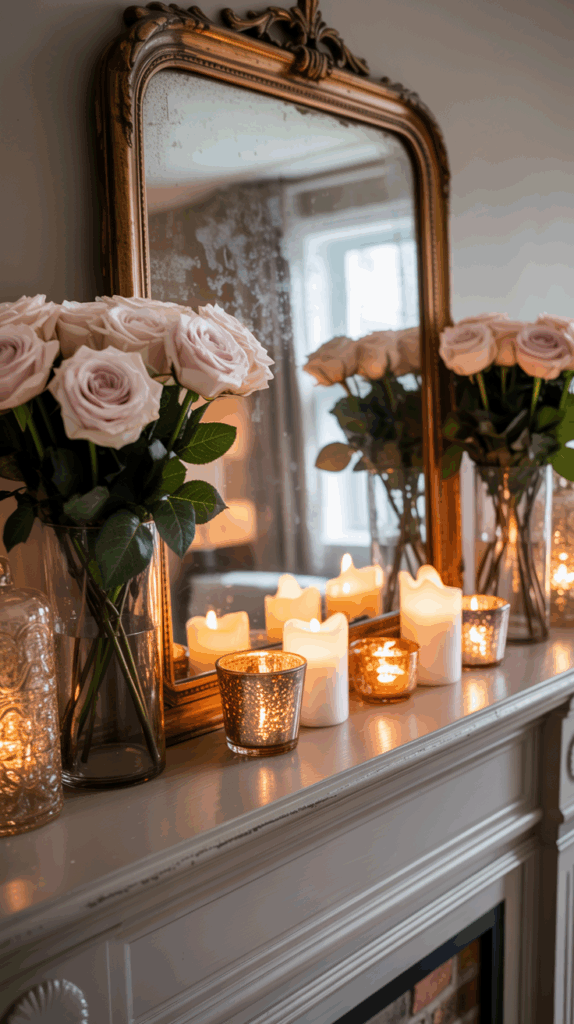 A fireplace mantle decorated with pink roses in glass vases, white candles, and golden candle holders, with an ornate vintage mirror reflecting the arrangement.