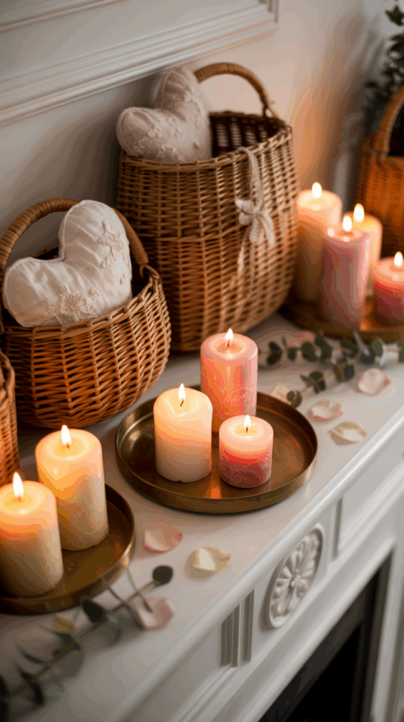 A cozy arrangement featuring lit candles on metallic trays atop a white mantelpiece, with wicker baskets holding heart-shaped pillows above and scattered rose petals nearby.