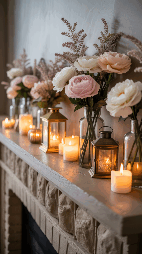 A mantelpiece decorated with lit candles, pink and white flowers in glass vases, and small lanterns, creating a cozy and elegant ambiance.