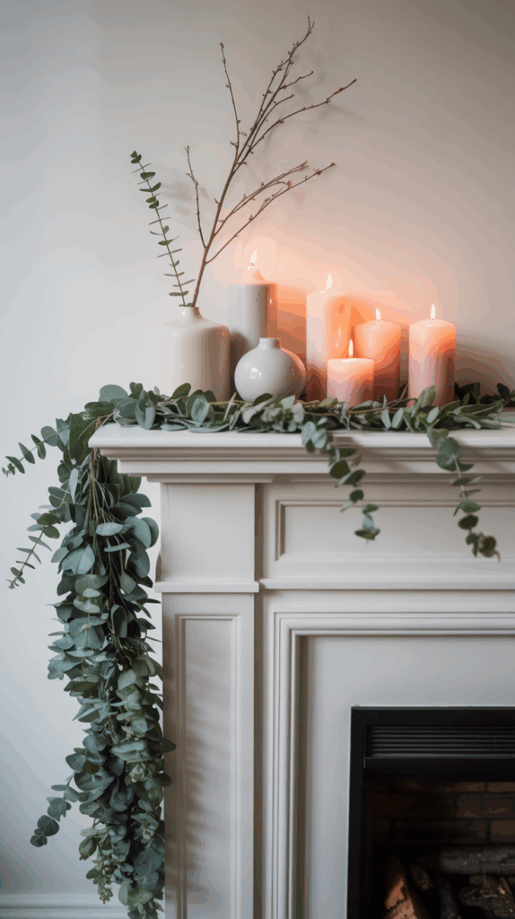 A white mantel decorated with eucalyptus leaves, lit candles, and minimalist vases, with a bare branch in one vase.