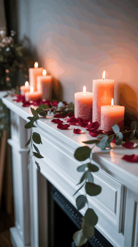 A white mantel decorated with lit candles, red rose petals, and green eucalyptus leaves in a cozy interior setting.