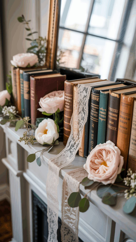 A decorative arrangement of vintage books on a mantelpiece, adorned with lace ribbon, pink and white flowers, and greenery, creating an elegant and classic aesthetic.