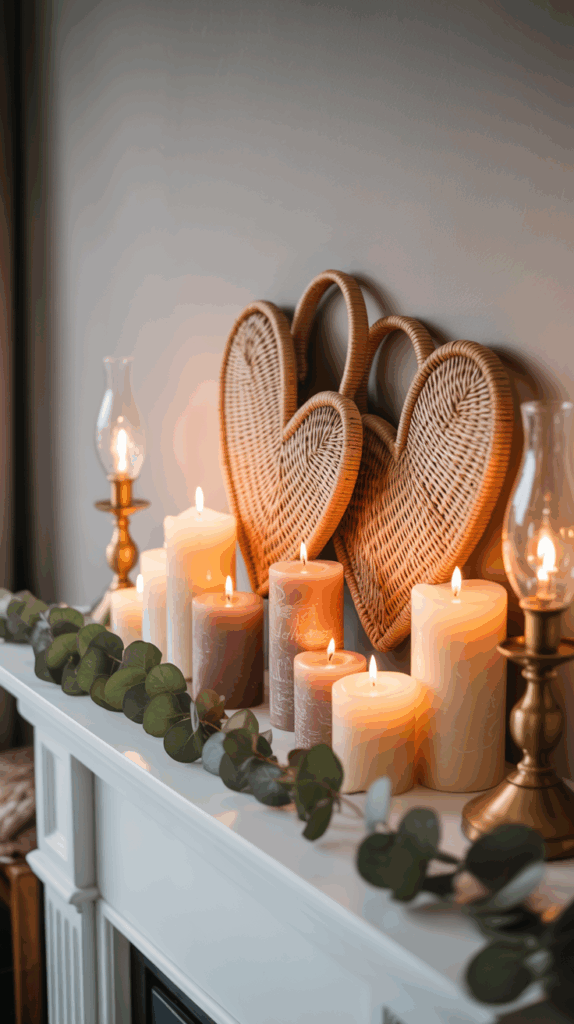 A cozy arrangement on a mantelpiece with several lit candles of varying sizes, a garland of eucalyptus leaves, and decorative wicker hearts leaning against the wall, creating a warm, inviting atmosphere.