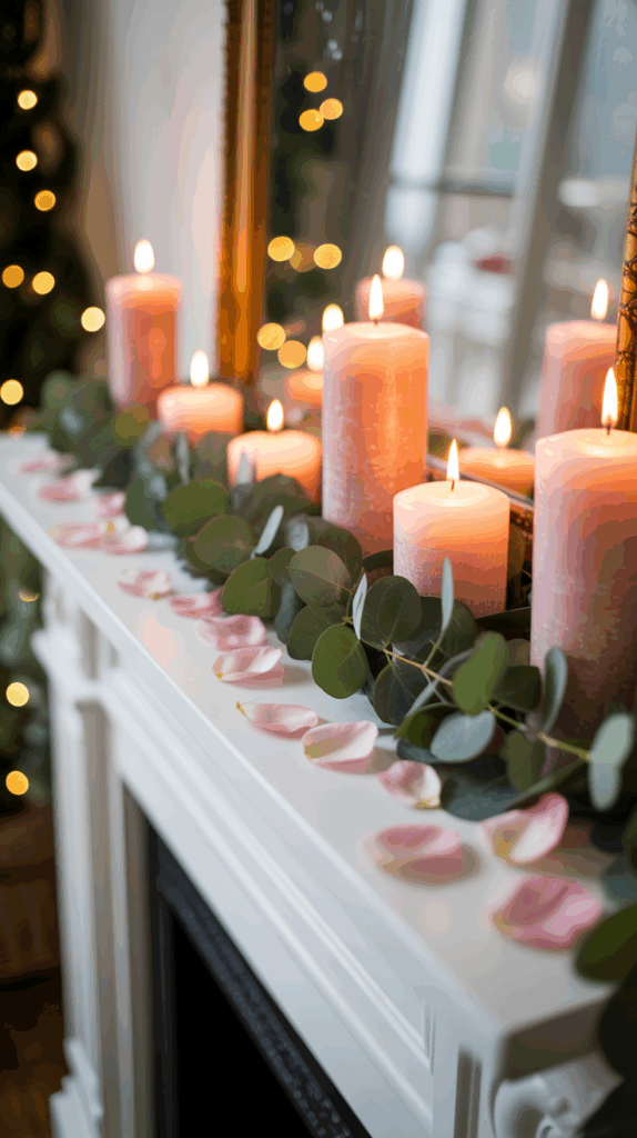 A white fireplace mantle decorated with pink candles, eucalyptus leaves, and scattered pink rose petals, with a blurred reflection in a mirror behind.
