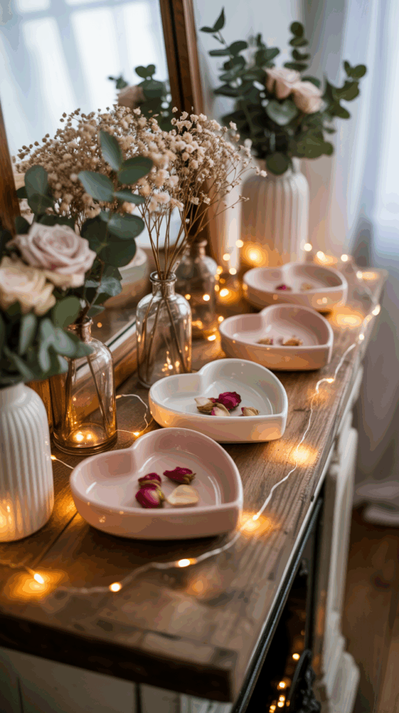 A wooden table adorned with heart-shaped ceramic dishes containing rose petals, surrounded by glass vases with baby’s breath and roses, and decorated with string lights.