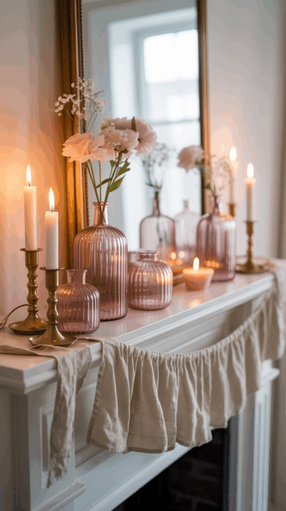 A mantelpiece adorned with pink glass vases holding flowers, surrounded by lit candles in brass holders, with a soft fabric draped over the edge and a large mirror behind.