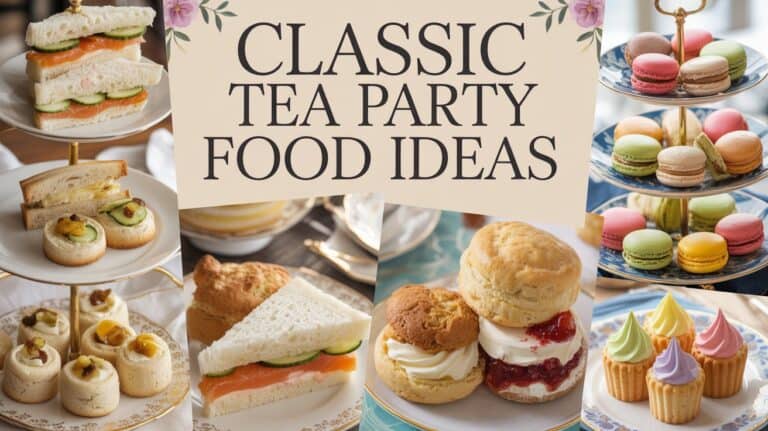 Assorted tea party treats, including sandwiches, scones, macarons, and cupcakes, displayed on a tiered stand.