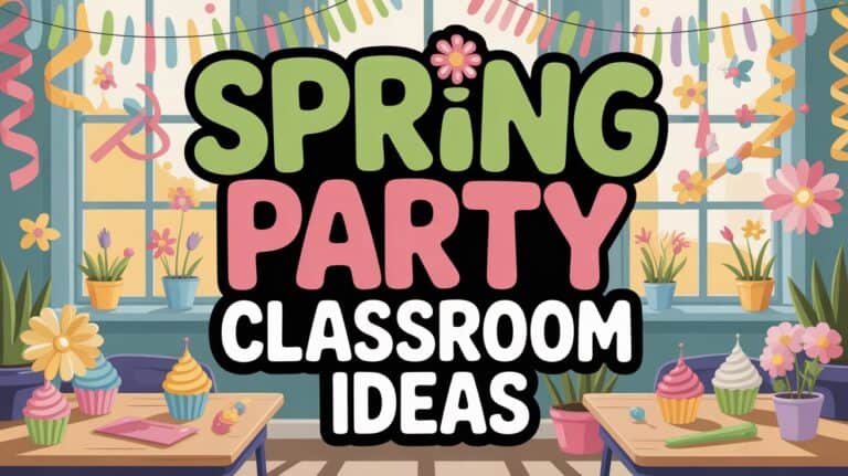 Colorful "Spring Party Classroom Ideas" graphic with cupcakes, flowers, and decorations in front of windows.