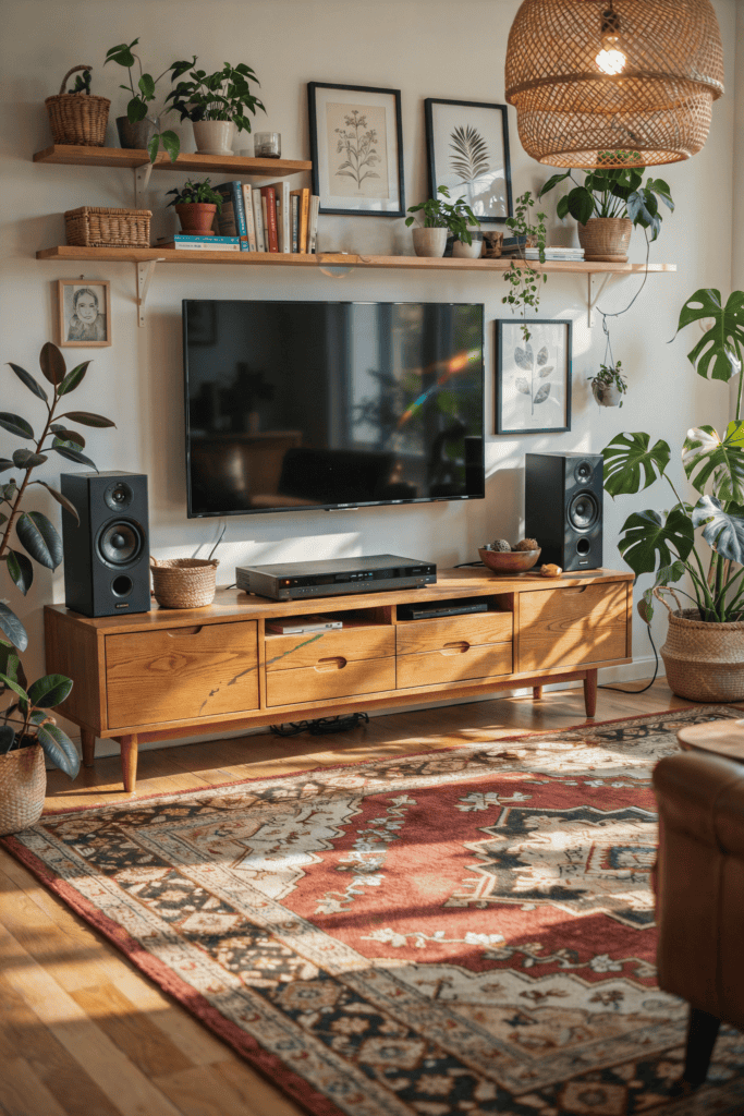 A cozy living room with a wooden TV stand, surrounded by speakers, houseplants, and framed artwork on shelves.