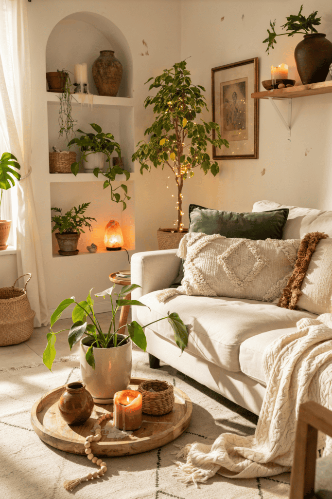 Cozy living room with a beige sofa, green cushions, plants, candles, and warm lighting creating a relaxing atmosphere.