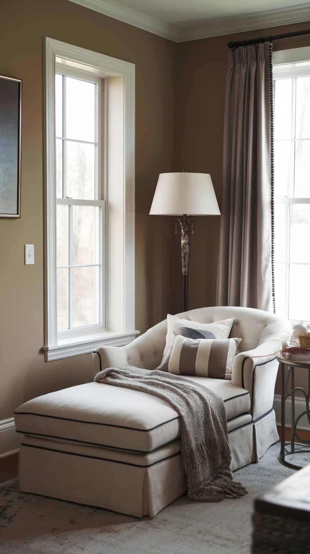 A cozy armchair with an ottoman, draped with a gray blanket, sits by tall windows in a warmly decorated living room.
