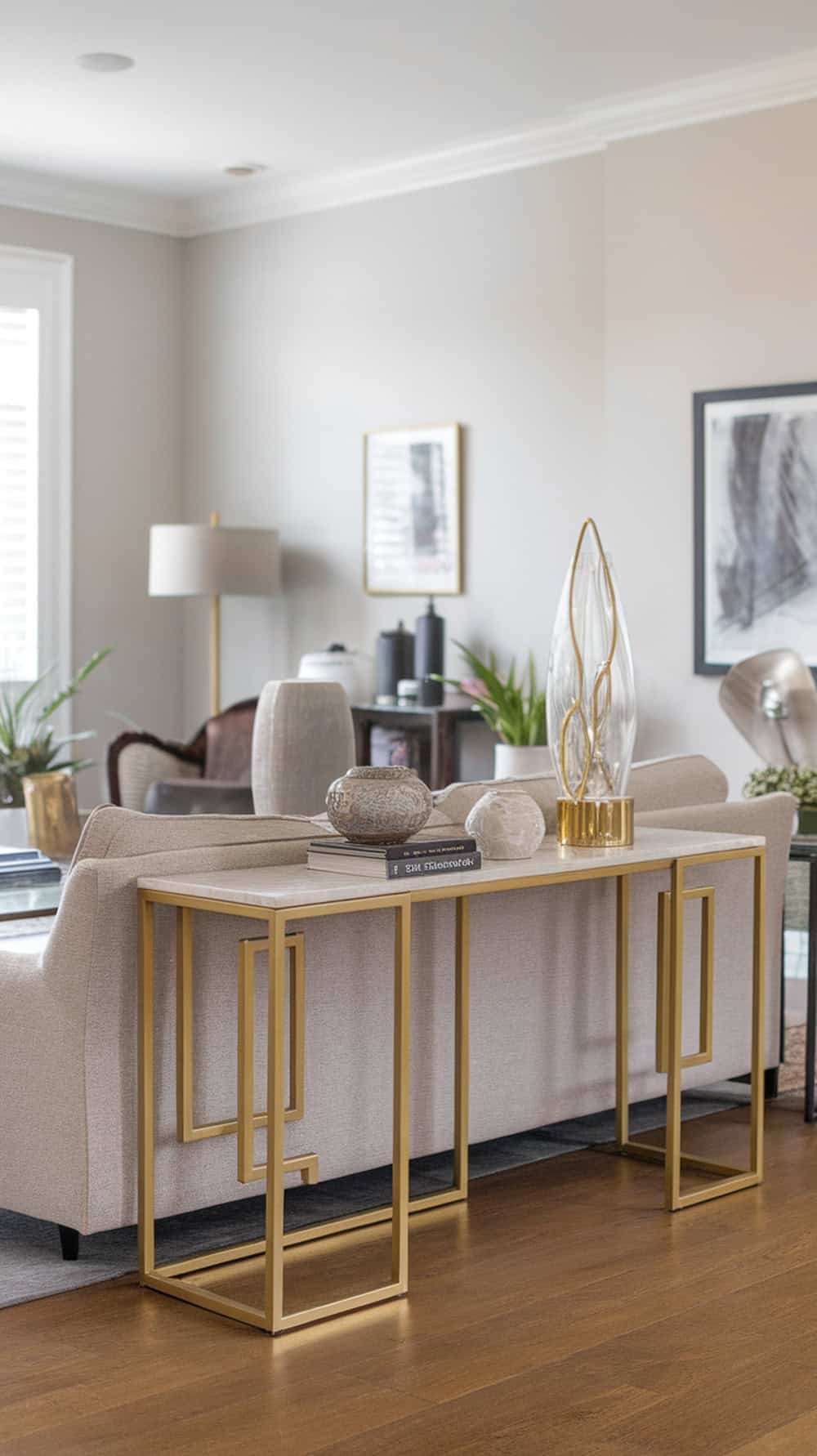 A modern living room with a beige sofa, a gold-accented console table, decorative objects, and potted plants.