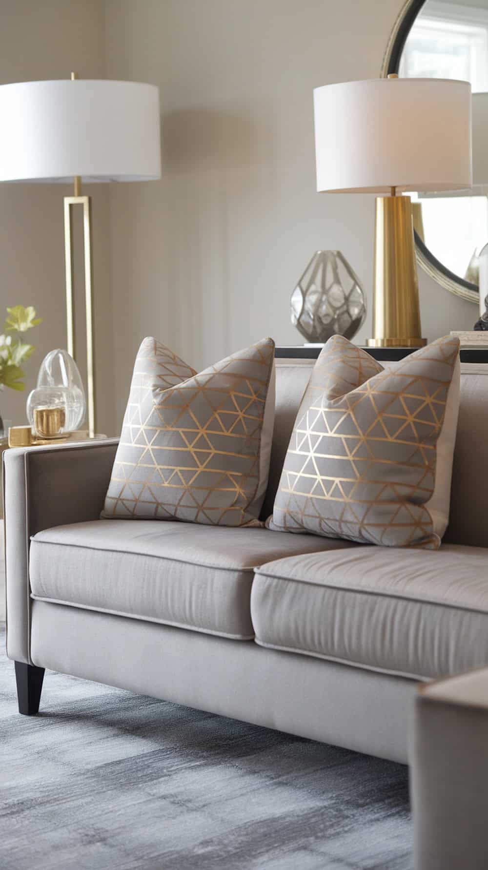 A beige sofa with geometric-patterned pillows is placed in a modern living room with two elegant table lamps and a round mirror.