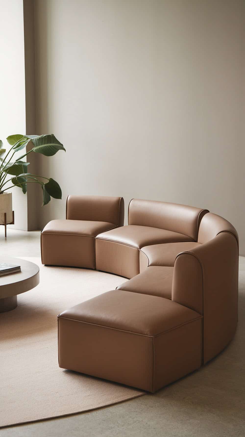 A modern brown leather sectional sofa with rounded edges and a matching ottoman in a minimalist living room.