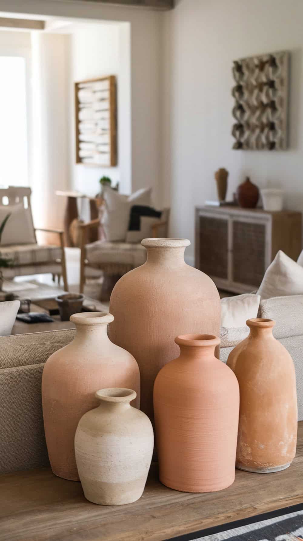 A group of large, earth-toned ceramic vases arranged on a wooden table in a bright, modern living room.