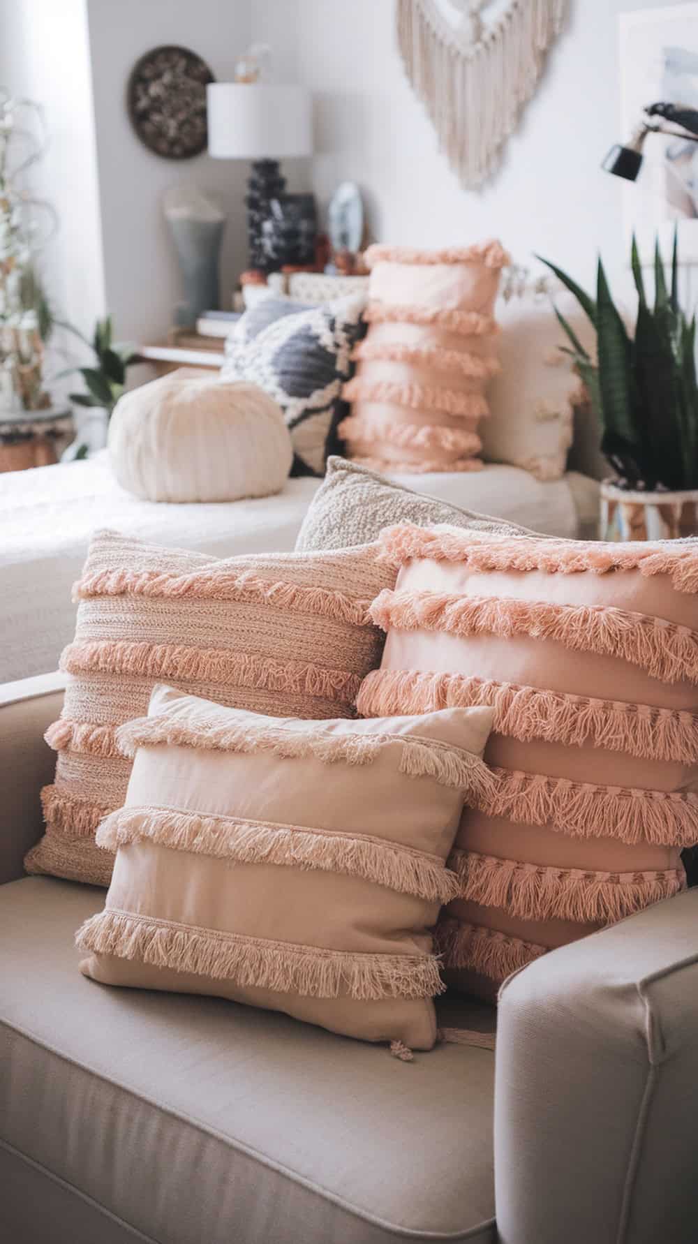A cozy living room with a beige sofa adorned with pink fringe cushions, complemented by various plants and decorative wall elements.