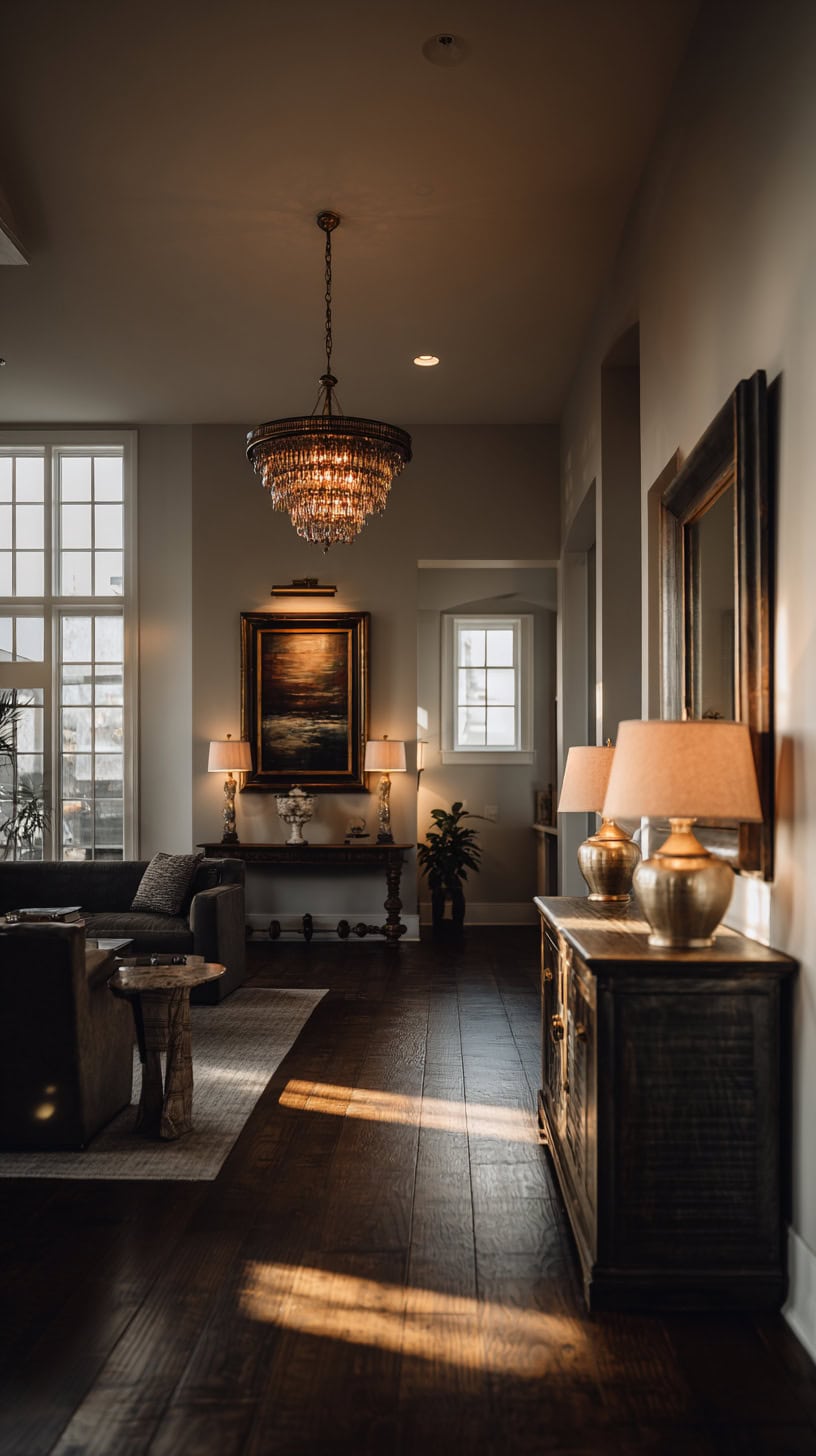 Lighting and Mirrors: Your Secret Weapons for Brightening Dark Wood Floor Living Rooms - Image 1