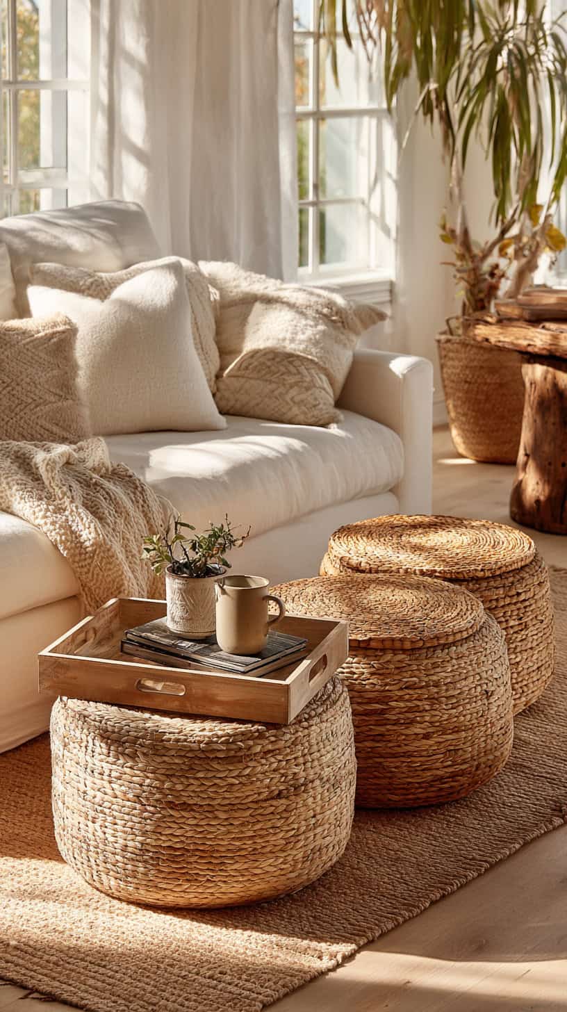 Woven Basket Storage Ottomans - Image 1