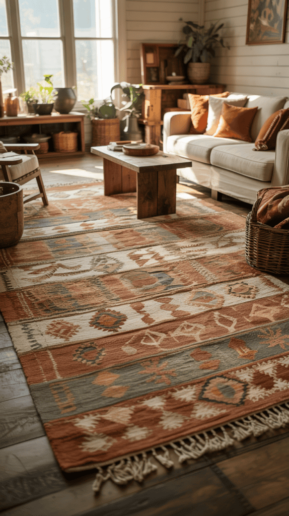 A cozy living room with a patterned rug, a wooden coffee table, and a white sofa with orange cushions.