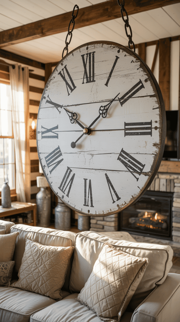 Large vintage-style clock with Roman numerals hangs in a cozy living room with a stone fireplace.